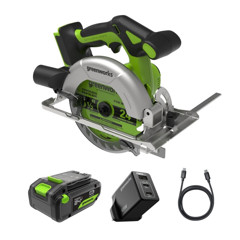 Greenworks 24 V borstelloze draadloze cirkelzaag, 165 mm, 5000 RPM, 20 mm zaagblad, instelbare zaagdiepte 45°/90°, ledverlichting, zonder accu en oplader