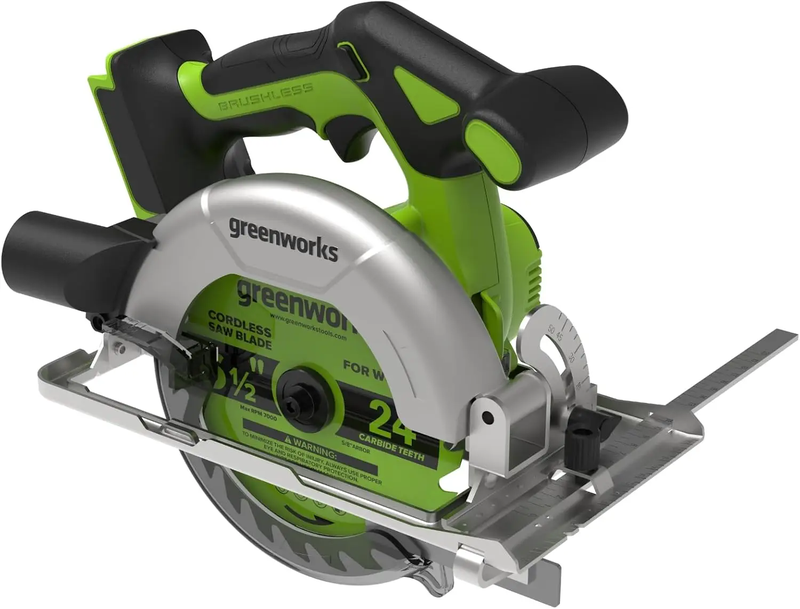 Greenworks 24 V borstelloze draadloze cirkelzaag, 165 mm, 5000 RPM, 20 mm zaagblad, instelbare zaagdiepte 45°/90°, ledverlichting, zonder accu en oplader