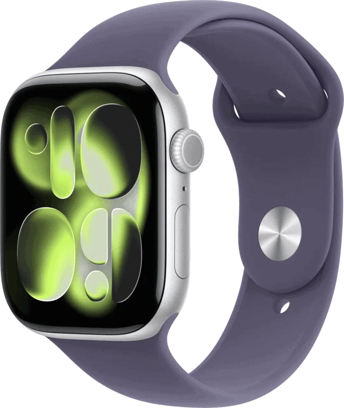 Apple Watch 11 – Wifi – 46mm – Zilverkleurig Aluminium Case with Purple Fog Sport Band – S/M