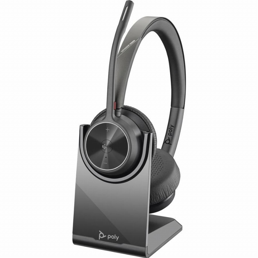 HP Poly Voyager 4320 UC Stereo On Ear headset Bluetooth Stereo Zwart Noise Cancelling Volumeregeling, Incl. oplaad- en dockingstation Computer