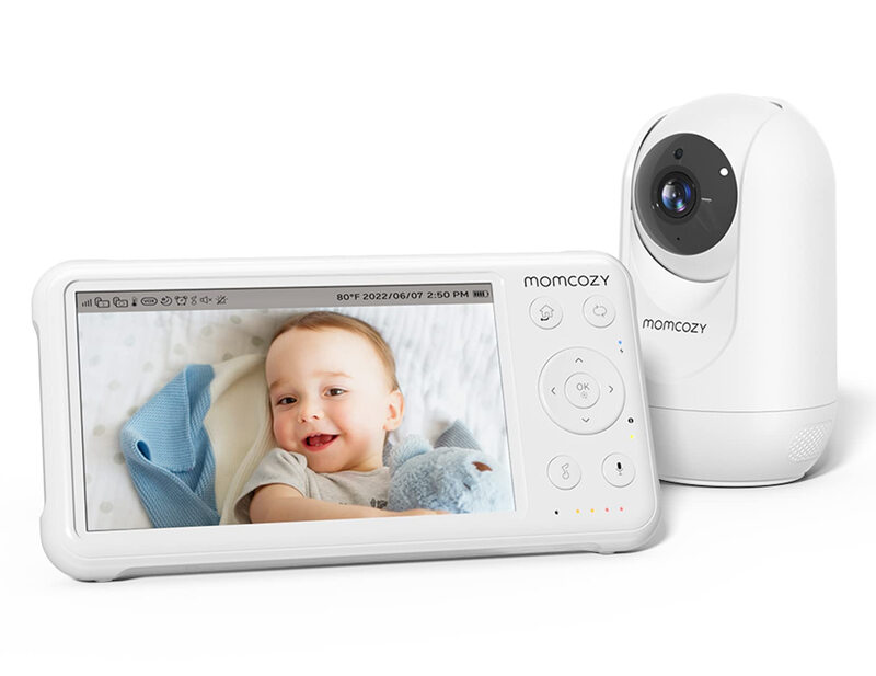 Momcozy BM01 1080P HD-videobabyfoon met camera en wandhouder, infrarood nachtzicht, 5000 mAh-accu, tweerichtingsgesprek, temperatuursensor, ingebouwde kalmerende slaapliedjes, bere…