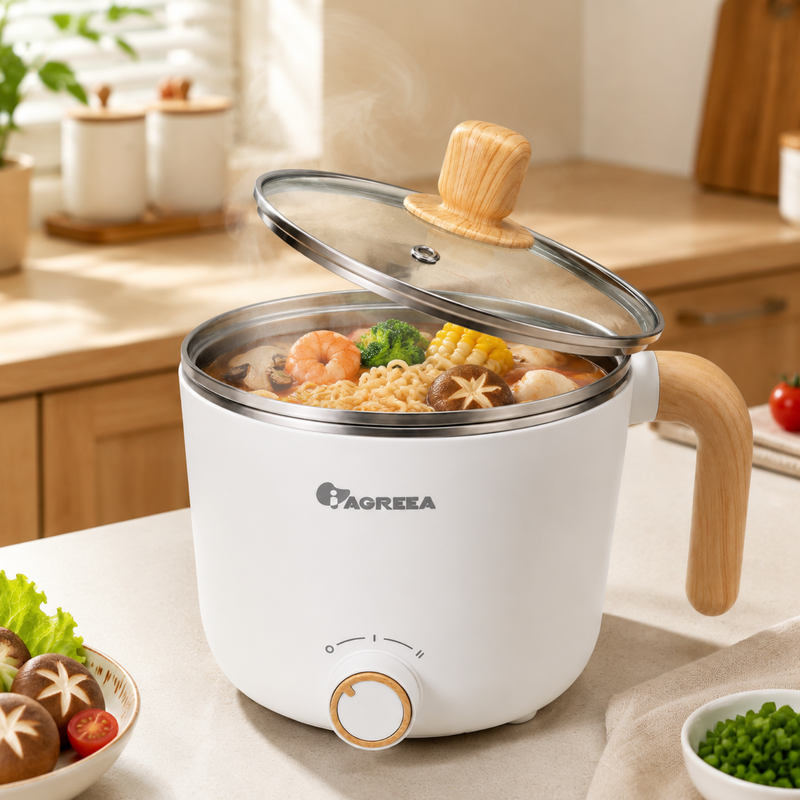IAGREEA 1,0 L mini elektrische kookpan, multifunctionele hotpot- & noedelkoker met roestvrijstalen binnenpan, 300 W/600 W dubbele vermogensregeling, compacte koker voor soep, rijst…
