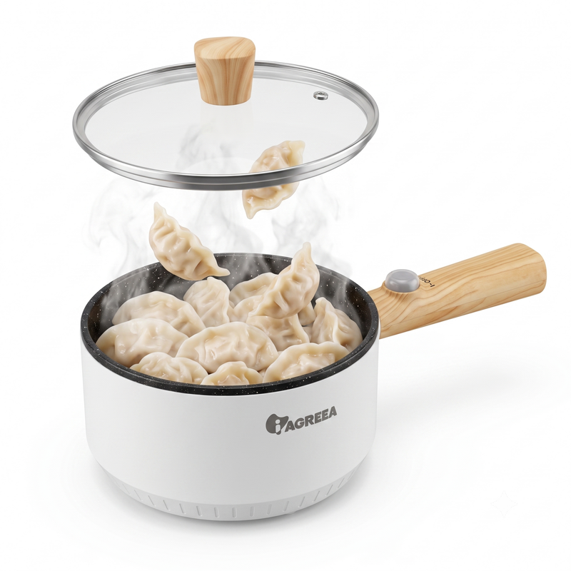 IAGREEA Elektrische Multikoker 1,2 L, 1000 W Snelle Opwarming Vloeistofkoker met Antiaanbak Marmercoating, Ergonomische Houten Handgreep & Glazen Deksel, Afneembare EU-Stekker, Per…