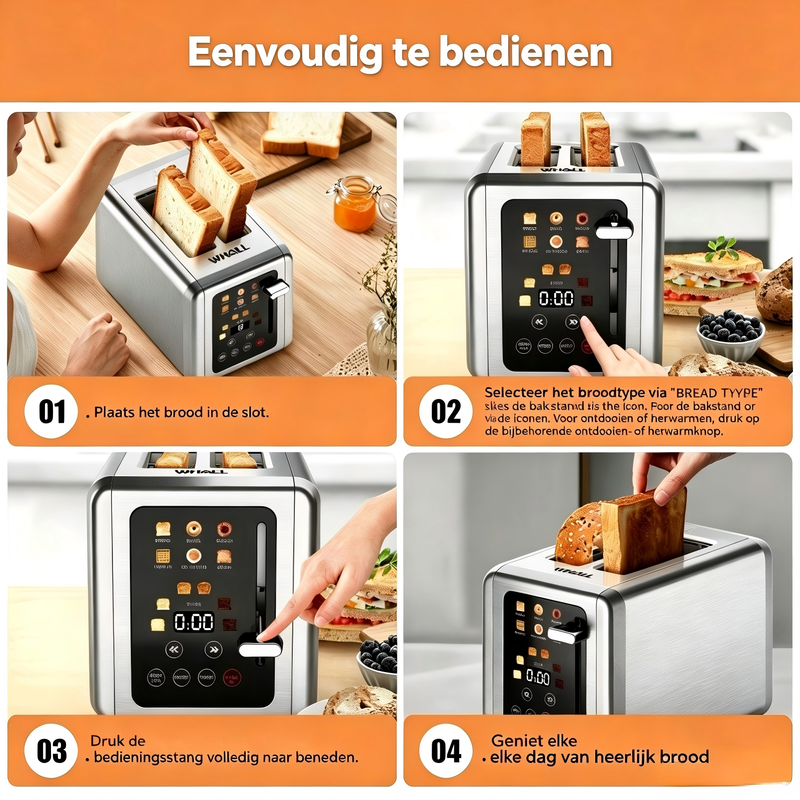 WHALL broodrooster met aanraakscherm voor 2 sneetjes, slimme digitale broodrooster met 1,5 inch brede sleuven, 6 bruiningsstanden en 6 broodsoorten, geheugenfunctie, afteltimer, ge…