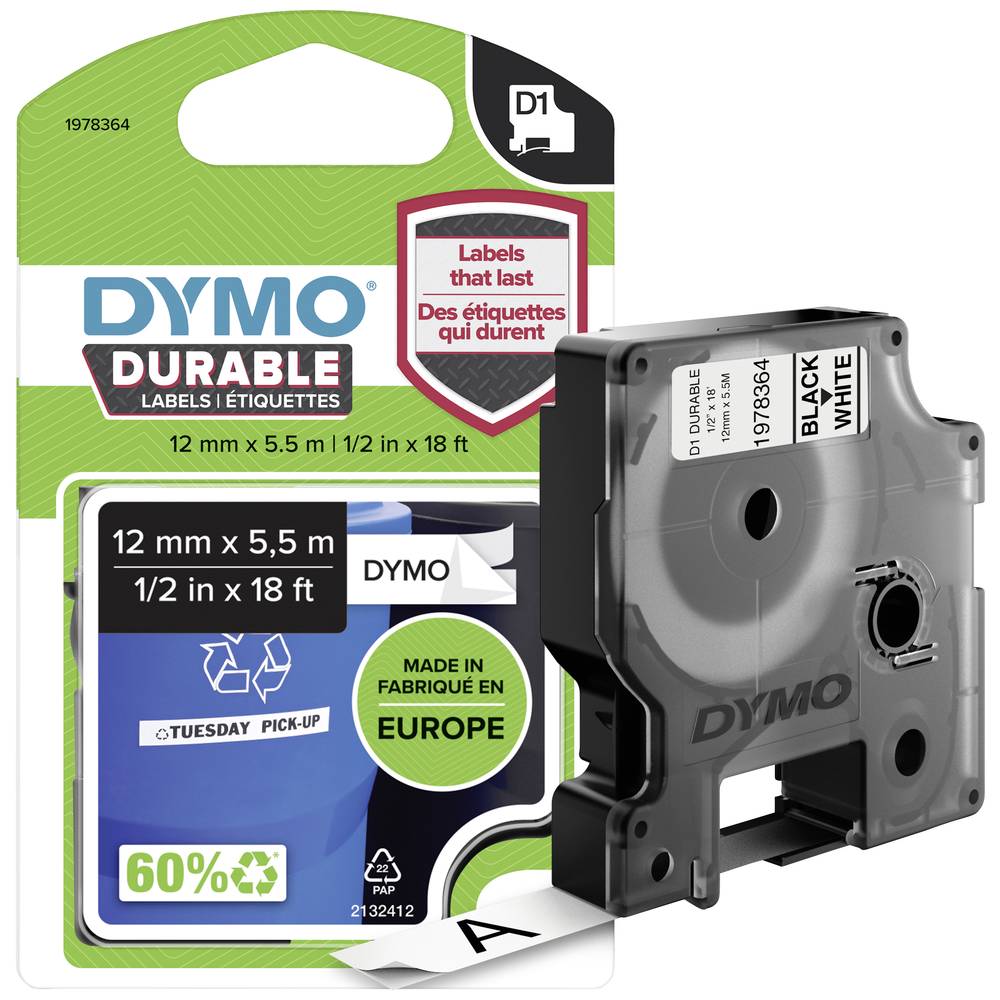 DYMO Duurzame D1 Tape 12 mm x 5,5 m Zwart Wit Label