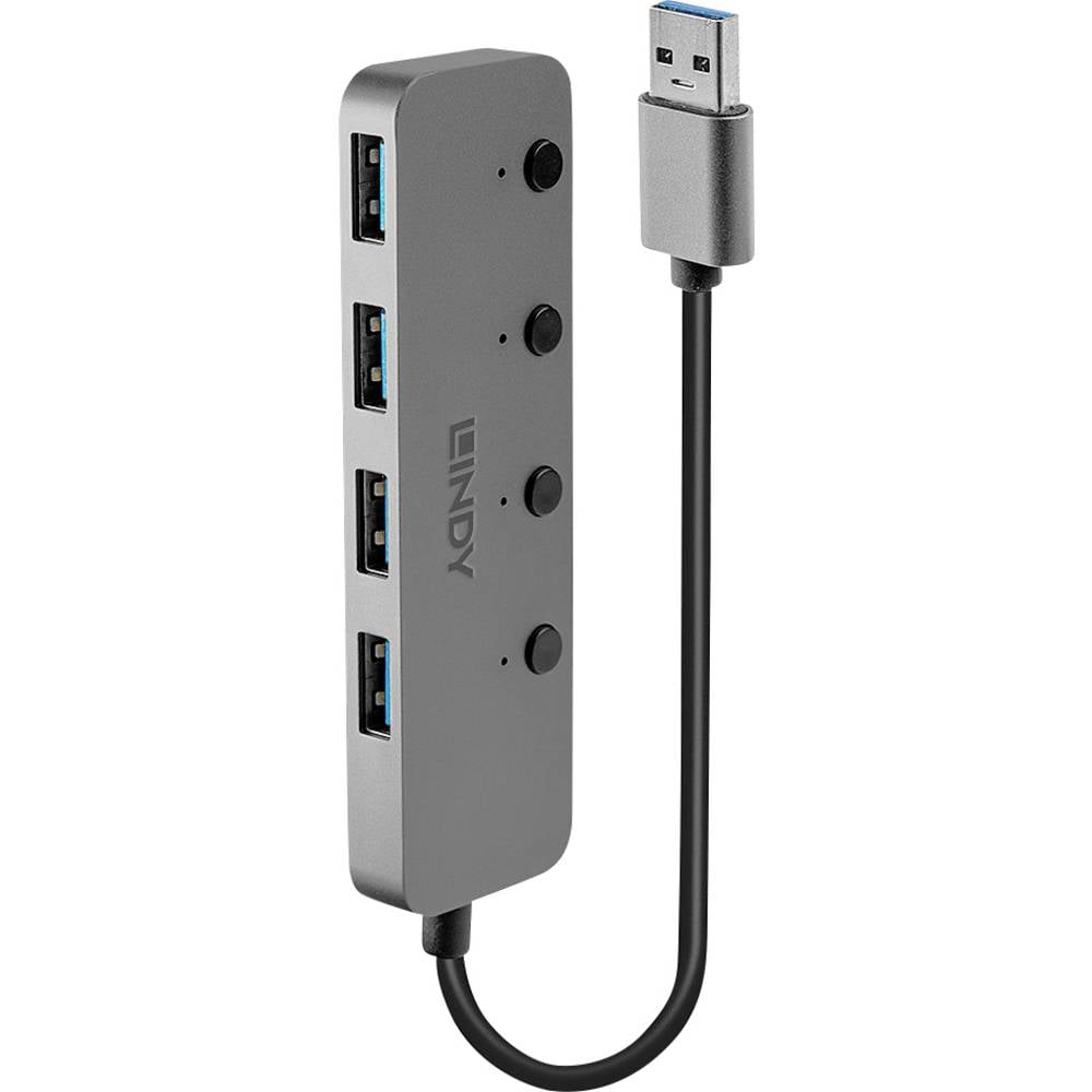 LINDY 4 Port USB 3.0 Hub mit Ein-/Ausschaltern 43309 USB-hub 4 poorten USB-A USB 3.0 5 GBit/s Individueel schakelbaar Grijs