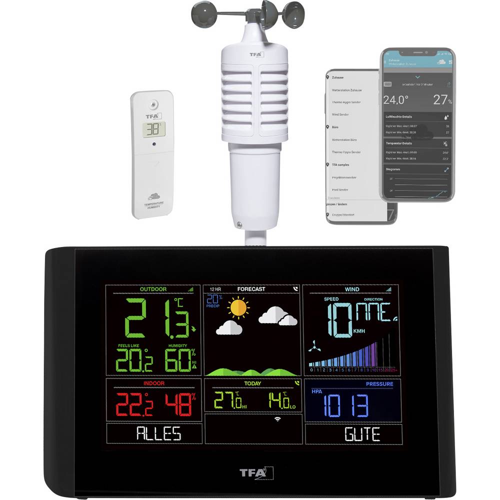 TFA Dostmann VIEW BREEZE 35.8001.01 WiFi-weerstation Verwachting voor 7 dagen (alleen met WiFi) Aantal sensoren max.: 50