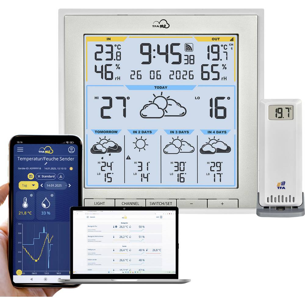 TFA Dostmann TFA.me ID-08 35.8105.02 WiFi-weerstation Verwachting voor 5 dagen Aantal sensoren max.: 50