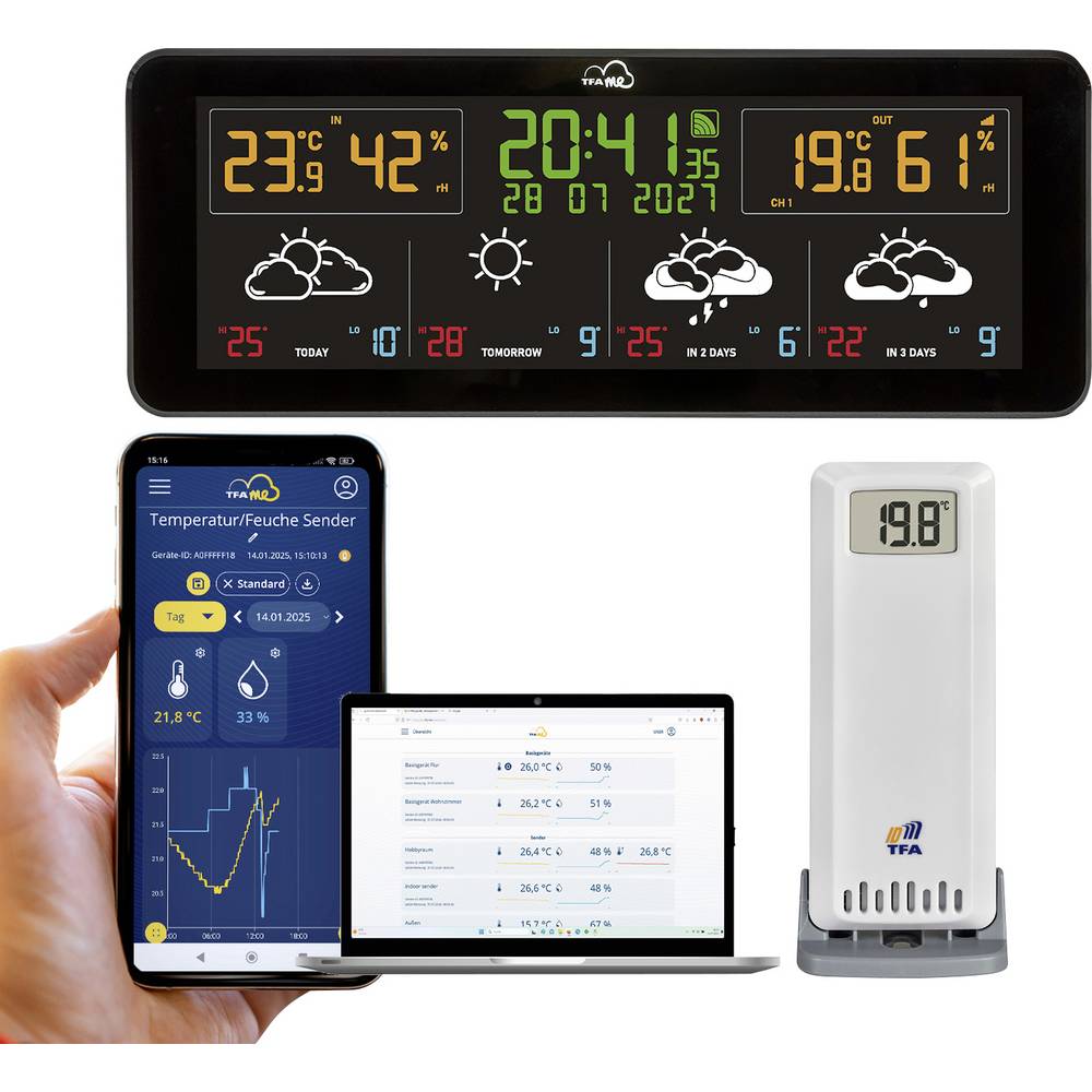 TFA Dostmann TFA.me ID-07 35.8107.01 WiFi-weerstation Verwachting voor 4 dagen Aantal sensoren max.: 50