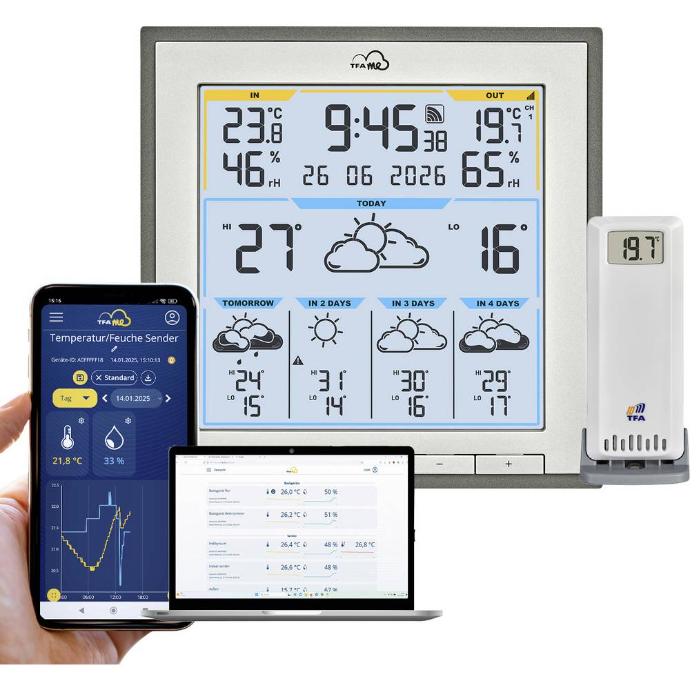 TFA Dostmann TFA.me ID-08 35.8105.10 WiFi-weerstation Verwachting voor 5 dagen Aantal sensoren max.: 50