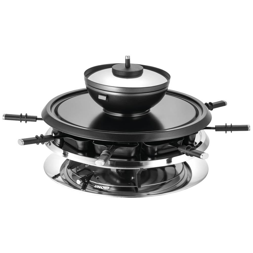 Unold UNOLD RACLETTE 48726 Multi 4 in 1 – Raclette/Fondue/Grill/Heißer Stein Gourmetstel 8 fonduevorkjes, 8 pannen, Anti-aanbaklaag, Traploze