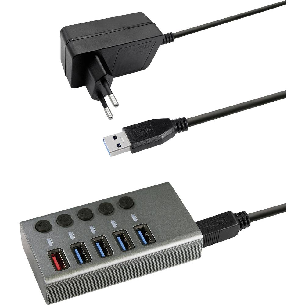 Maxtrack CH10L CH10L USB-hub 5 poorten USB-A USB 3.0 5 GBit/s Individueel schakelbaar Zilver-grijs