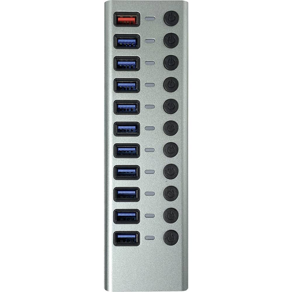 Maxtrack CH12L CH12L USB-hub 10 poorten USB-A USB 3.0 5 GBit/s Individueel schakelbaar Zilver-grijs