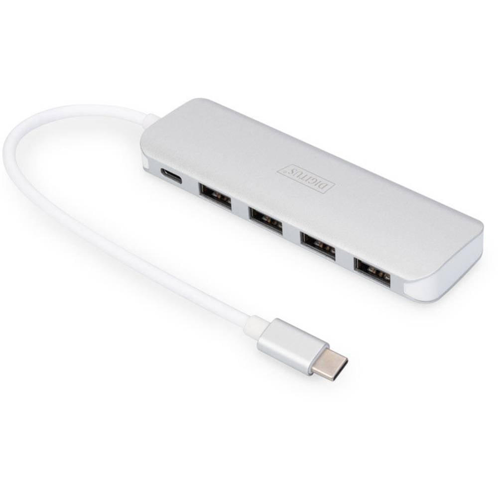 Digitus DA-70242-1 DA-70242-1 USB-hub 4 + 1 poorten USB-A USB 3.0 5 GBit/s Met snellaadpoort, Met USB-C stekker, Met aluminium behuizing Zilver