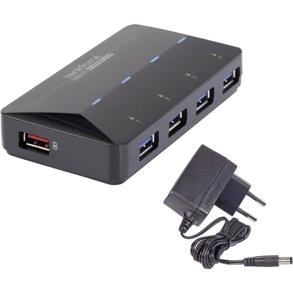 Renkforce RF-3806031 USB-hub 4 poorten USB-A USB 3.0 5 GBit/s Met snellaadpoort, Met status-LEDs Zwart