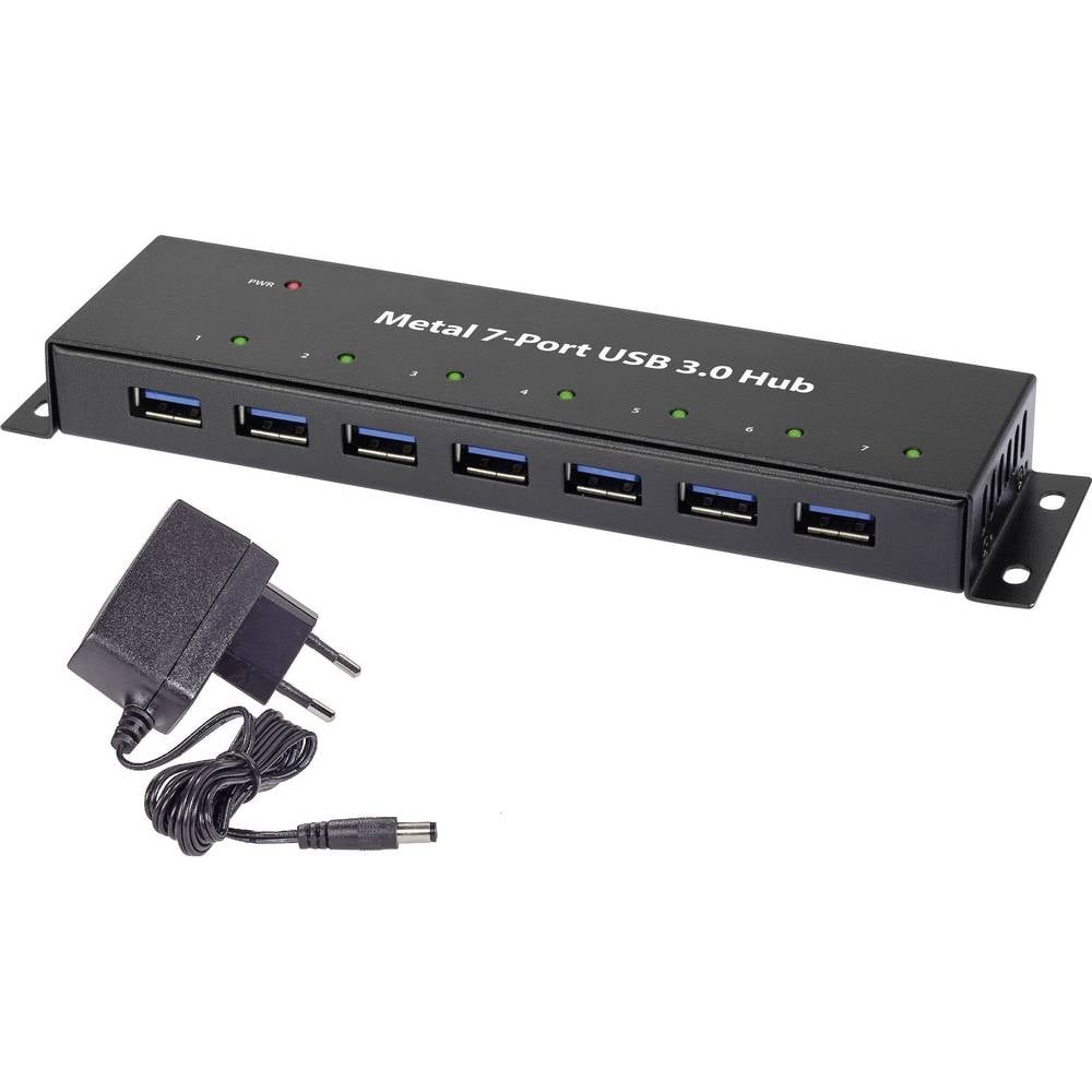 Renkforce RF-3955359 7 poorten USB-hub Voor wandmontage, Met metalen behuizing Zwart