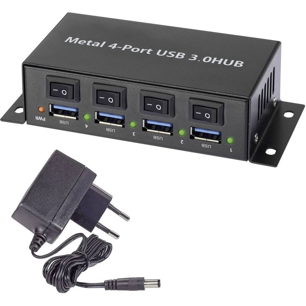 Renkforce RF-3955362 RF-3955362 USB-hub 4 poorten USB-A USB 3.0 5 GBit/s Met metalen behuizing, Individueel schakelbaar, Voor wandmontage Zwart
