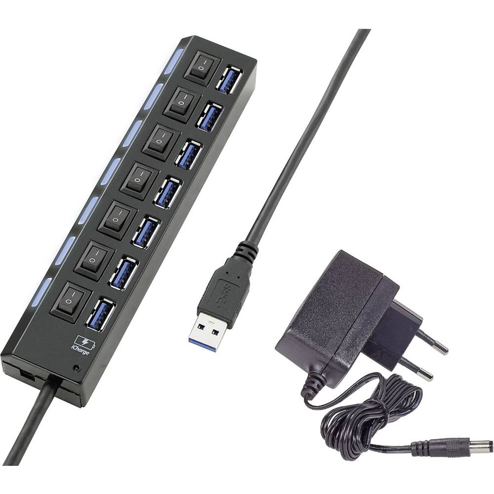 Renkforce 7 poorten USB-hub Individueel schakelbaar, Met status-LEDs, Met iPad-laadpoort Zwart