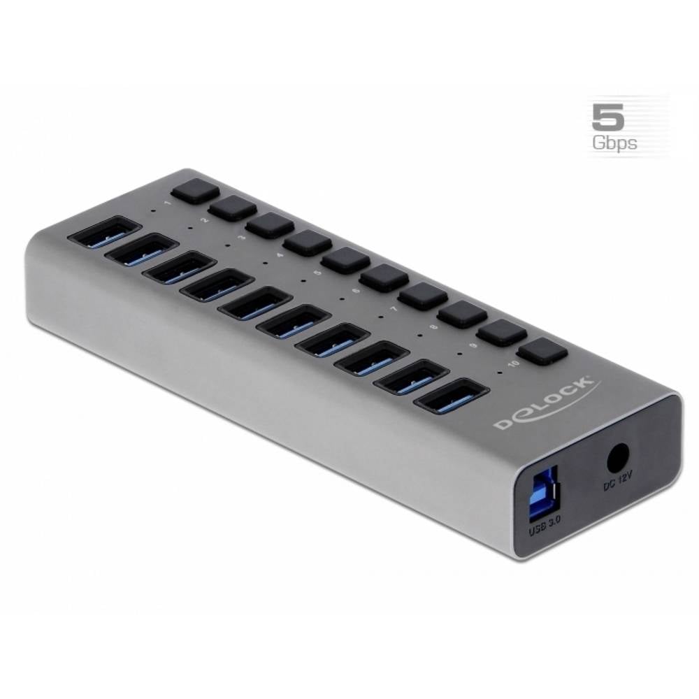 Delock 63670 63670 USB-hub 10 poorten USB-A USB 3.1 Gen1 5 GBit/s Met USB-C stekker Grijs