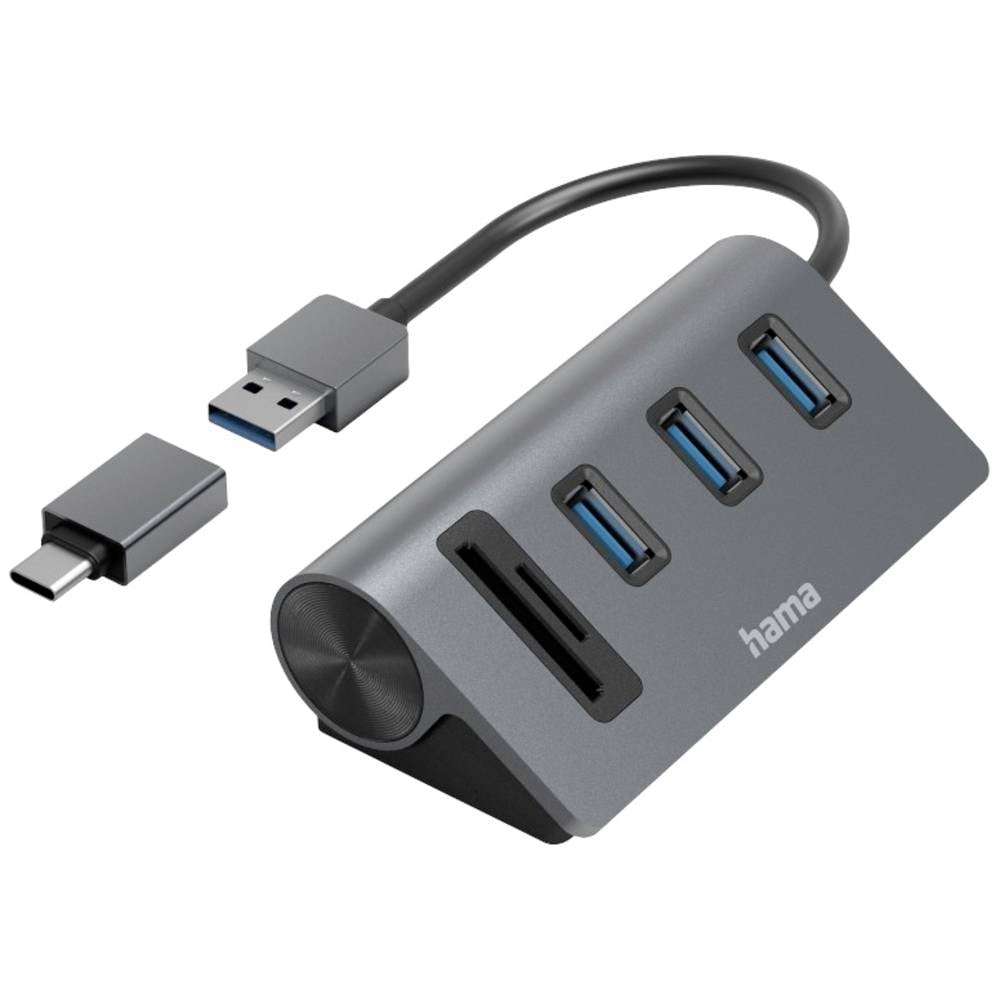 Hama 00200140 USB-hub 5 poorten USB-A, Micro-SD, SD USB 3.2 Gen1 5 GBit/s Met ingebouwde SD-kaartlezer, Met USB-C stekker Grijs