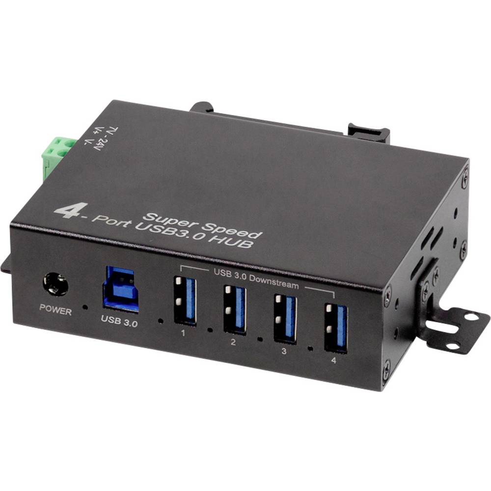 LogiLink UA0443 UA0443 USB-hub 4 poorten USB-A USB 3.0 5 GBit/s Voor industriële toepassingen, Met metalen behuizing, Voor wandmontage Zwart