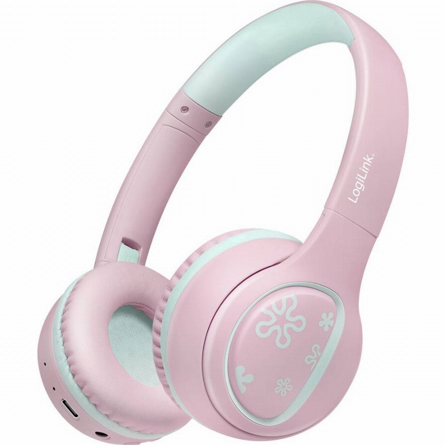 LogiLink BT0073P On Ear headset Bluetooth, Kabel Roze, Lichtblauw Vouwbaar, Volumebegrenzing