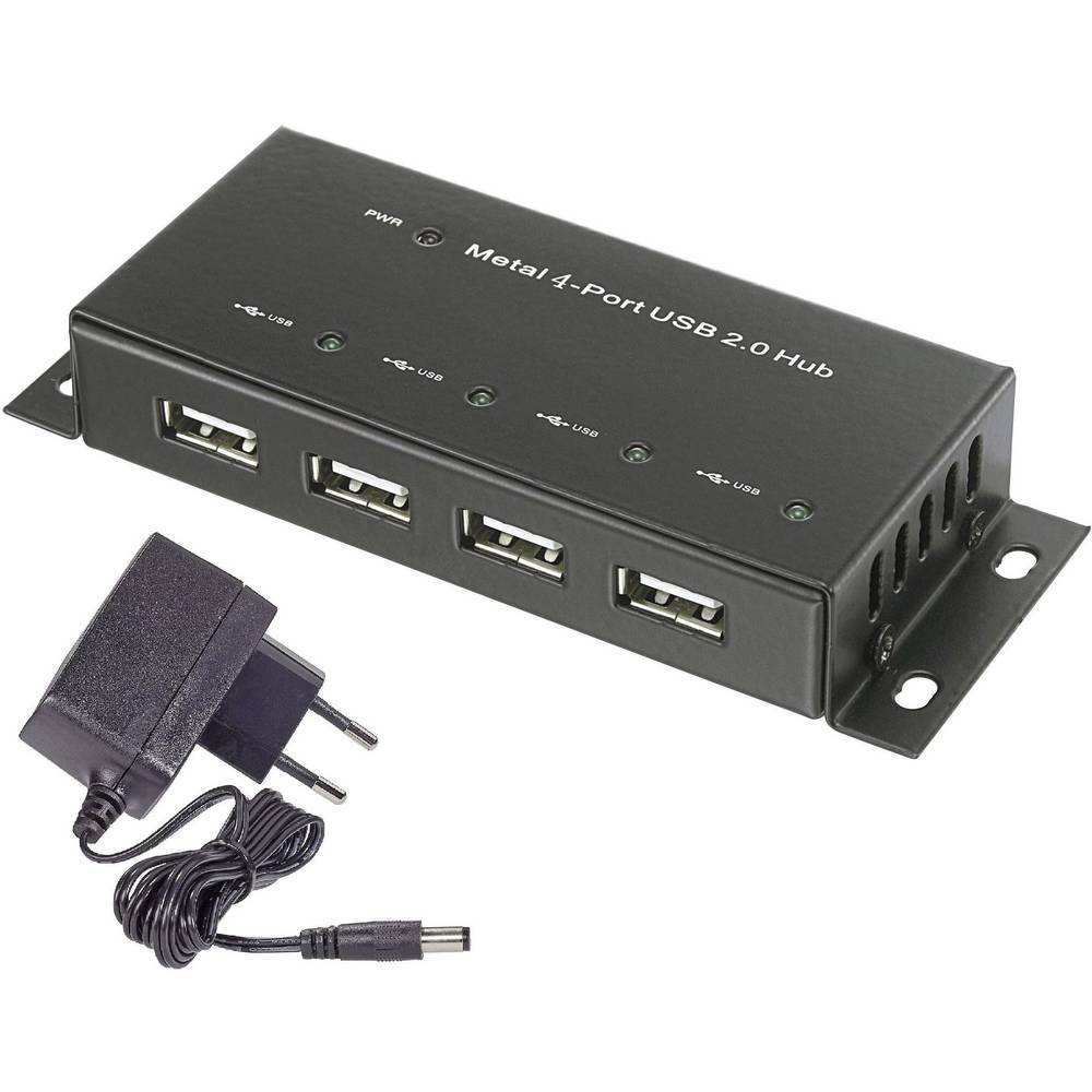 Renkforce RF-4830984 RF-4830984 USB-hub 4 poorten USB-A USB 2.0 480 MBit/s Met metalen behuizing, Voor wandmontage Zwart