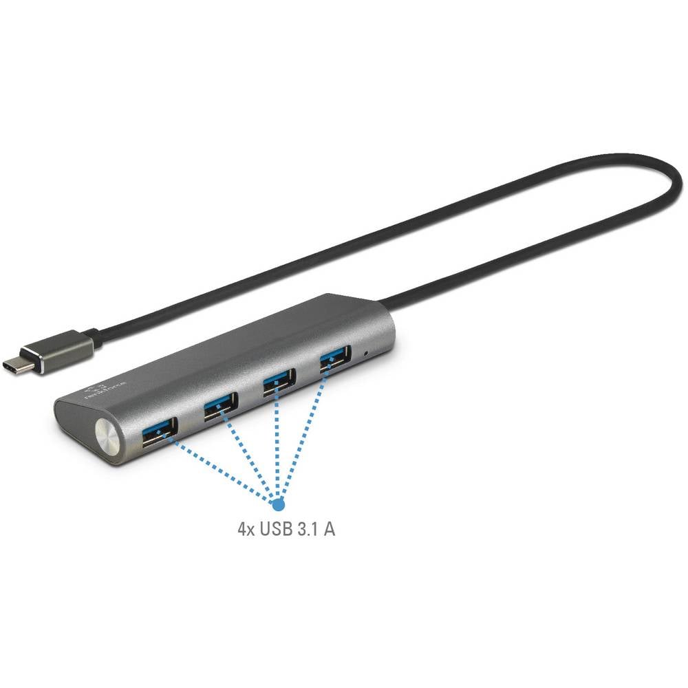 Renkforce 4 poorten USB-hub Met aluminium behuizing Zilver
