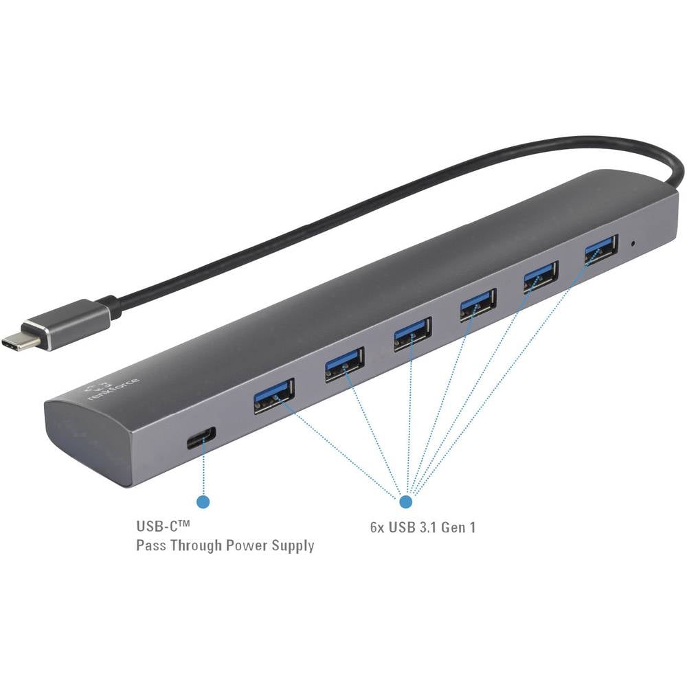 Renkforce 6 + 1 poorten USB-hub Met Pass-Through stroomaansluiting, Met aluminium behuizing Zilver