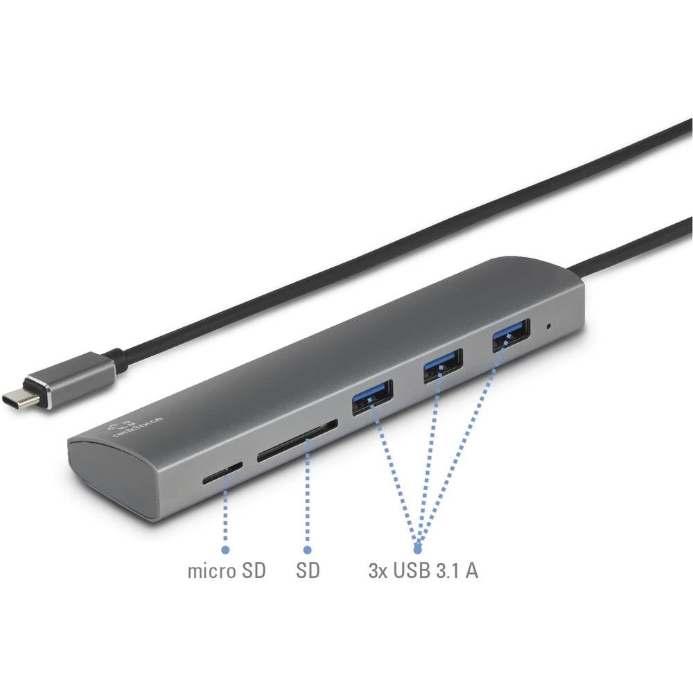 Renkforce RF-3374948 USB-hub 3 poorten USB-A, SD, Micro-SD USB 3.0 5 GBit/s Met ingebouwde SD-kaartlezer, Met aluminium behuizing Zilver