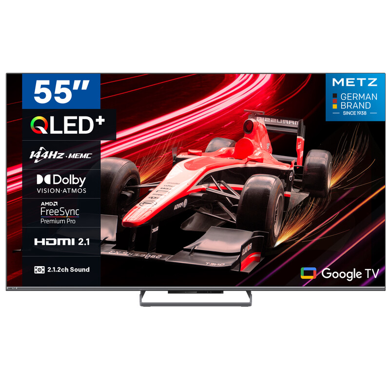 METZ 55 inch (140 cm) QLED Google-tv, 55MQE8000Z, 144 Hz, 4K HDR 10+, 2.1.2-geluidssysteem, Dolby Vision Atmos, gamemodus, sportmodus met ALLM, VRR, MEMC, oogzorg, weinig blauw lic…