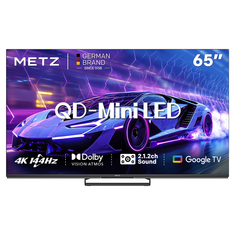METZ 65 Inch (165 cm) QD-Mini LED Google TV, 65MNE8000Z, 144Hz, 4K HDR 10+, 2.1.2-kanaals Geluidssysteem, Dolby Vision Atmos, Game Mode, Sports Mode met ALLM, VRR, MEMC, Oogzorg, L…