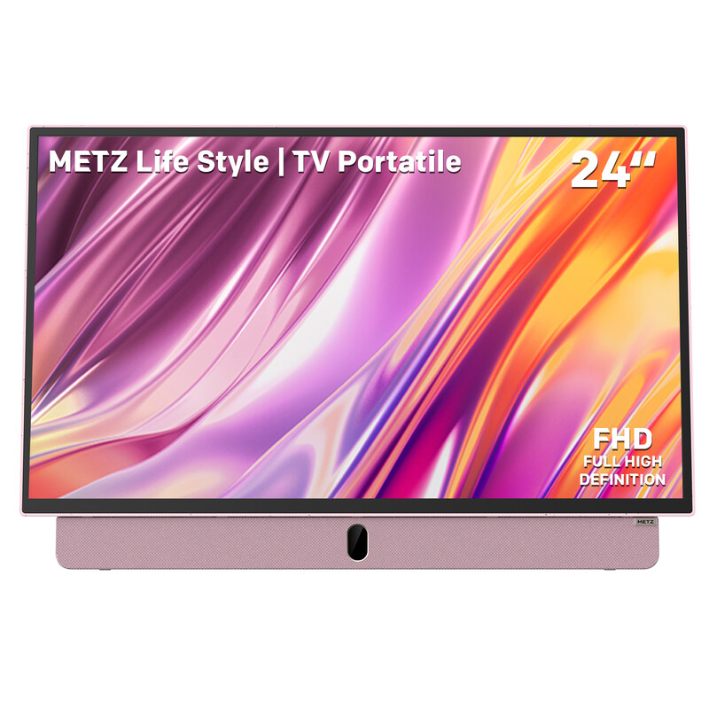 METZ draagbare tv, MPE7000Z, 24", ingebouwde batterij, 12 V autolader en powerbank, antireflectie, LED, FHD Smart, Google TV, HDMI, USB, Bluetooth, Wifi 5, antenne-uitgang, roze