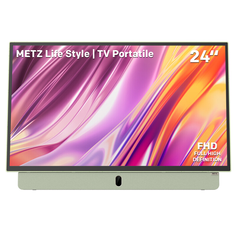 METZ draagbare tv, MPE7200Z, 24", ingebouwde batterij, 12 V autolader en powerbank, antireflectie, LED, FHD smart, Google TV, HDMI, USB, Bluetooth, Wifi 5, antenne-uitgang, groen