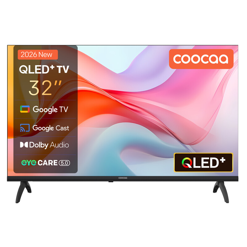 Coocaa 32 inch (80 cm) QLED smart tv met Google TV, HDR10, Dolby Audio, Bluetooth 5.1, oogzorg, Google Cast, drievoudige tuner DVB-T2/C/S2, CI+, model 32CGQG41Z (2026), energieklas…