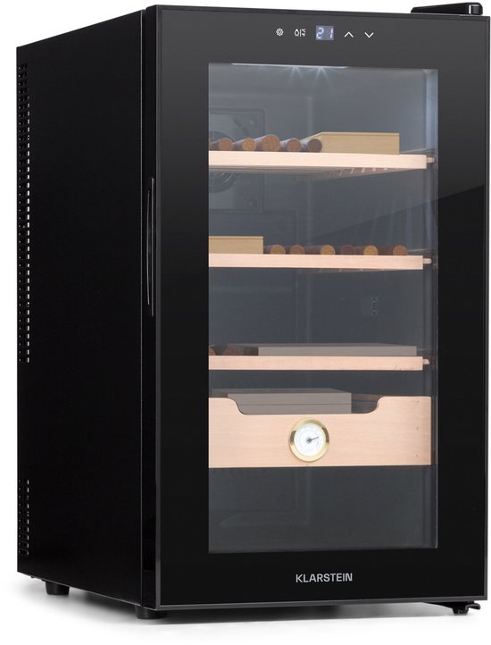 Klarstein Humidor El Presidente Sigaren - Thermo-elektrische humidor met glazen deur, humidorbevochtiger met cederhouten planken, hygrometer, LED-binnenverlichting, 48 liter, zwart…