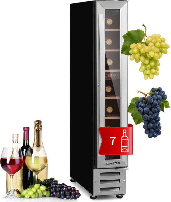 Klarstein wijnkoeler, 1-zone drankkoeler, kleine inbouw wijnkast, smal, 20 liter wijnkoeler met glazen deur, flessenkoeler voor binnen en buiten, wijnkoelkast 5-22 °C, 7 flessen