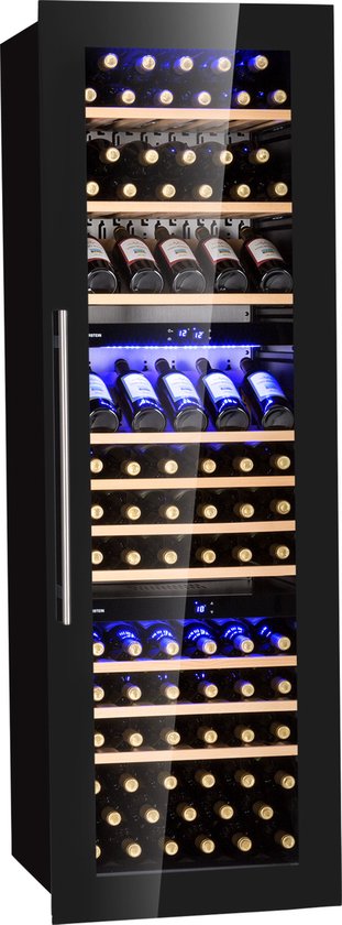 Klarstein Inbouw-Wijnkoelkast, 246 L Drankkoelkast Smal, 3 Zones Wijnkoelkast met Glazen Deur, Indoor/Outdoor Biersafe, Grote Koelkast, 5-18 degree celsius, 89 Flessen - 56 cm - Ho…
