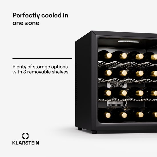Klarstein Wijnkoeler vrijstaande , kleine drankkoeler met 1 zone, compact wijnkastje, wijnkoelkast met glazen deur, stille flessenkoeler voor wijn en bier, 5-22 °C, 16 flessen - Wi…