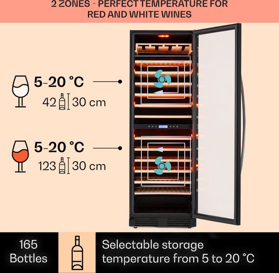 Klarstein Wijnkoeler Wijnkoelkast, 2 Zones Drankenkoelkast, 425L Inbouw Wijnkast Smal, Wijnkoelkast Met Glazen Deur, Binnen/Buiten Flessenkoelkast, Wine Fridge 5-20°C, 162 Flessen…