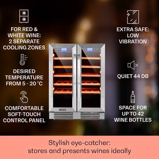 Klarstein Inbouw Wijnkoelkast 2 Zones – Wijnklimaatkast 126L met Glazen Deur – Drankenkoelkast voor Binnen/Buiten – Temperatuurregeling – Capaciteit 42 Flessen - 60 cm - Touch Vrij…