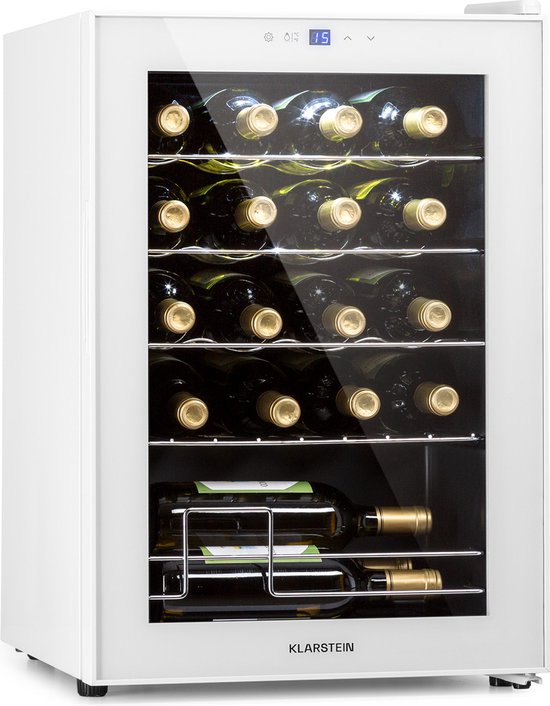 Klarstein Wijnkoeler Shiraz 20 Uno Wijnkoelkast - 53 Liter - 20 Flessen - Touch bediening - 5-18°C - Wit glas - 45 cm - voor Bar - Vrijstaand - Wine Cooler Wine Fridge Wijnklimaatk…