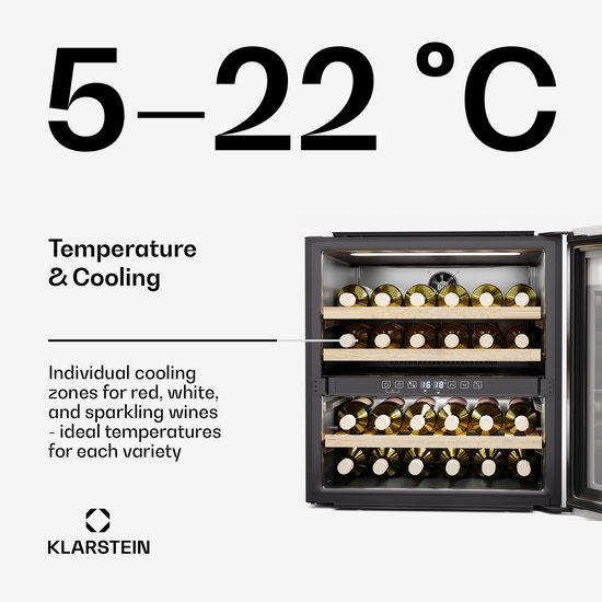 Klarstein Wijnkoeler Rhone 36 Duo - 36 flessen, 2 zones, 5-22°C, LED-bediening, UV-bescherming, stille werking, zwart, wijnklimaatkast - Wijnkoelkast - 85L 41 dB - voor Wijnliefheb…