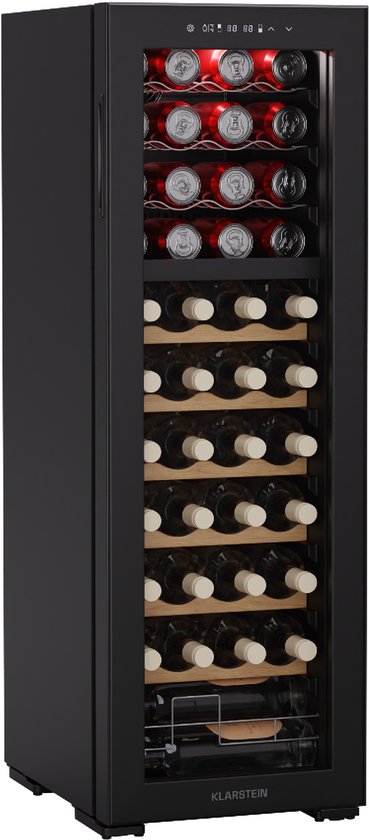 Klarstein Wijnkoeler Bovella 44 Duo+ – 44 flessen, 2 zones, 5–18 °C, touchscreenbediening, ledverlichting, UV-bescherming, vrijstaand, wijnklimaatkast - Wijnkoelkast - 121L 39 dB 4…