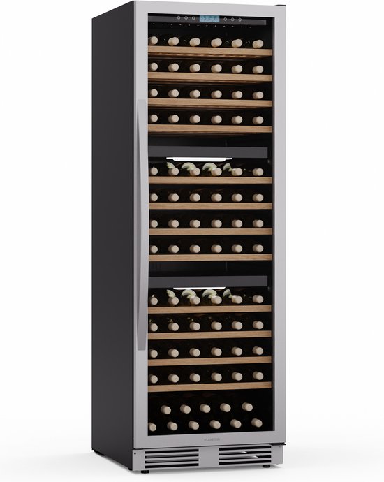Klarstein Wijnkoeler Vinovilla Trio – 143 flessen, 3 zones, 5–20 °C, LED-verlichting, UV-bescherming, vrijstaand, klimaatkast voor wijn - Wijnkoelkast - 143 Flessen - voor Wijnlief…