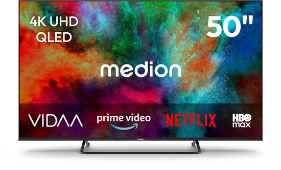 MEDION 125.7 cm 50" QLED Ultra HD TV Smart TV Dolby Vision HDR Dolby Atmos VIDA Store Prime Video Disney+ DAZN HbbTV PVR Bluetooth HD+, MD850602 | Dolby Atmos, HBO Max, Prime Video…