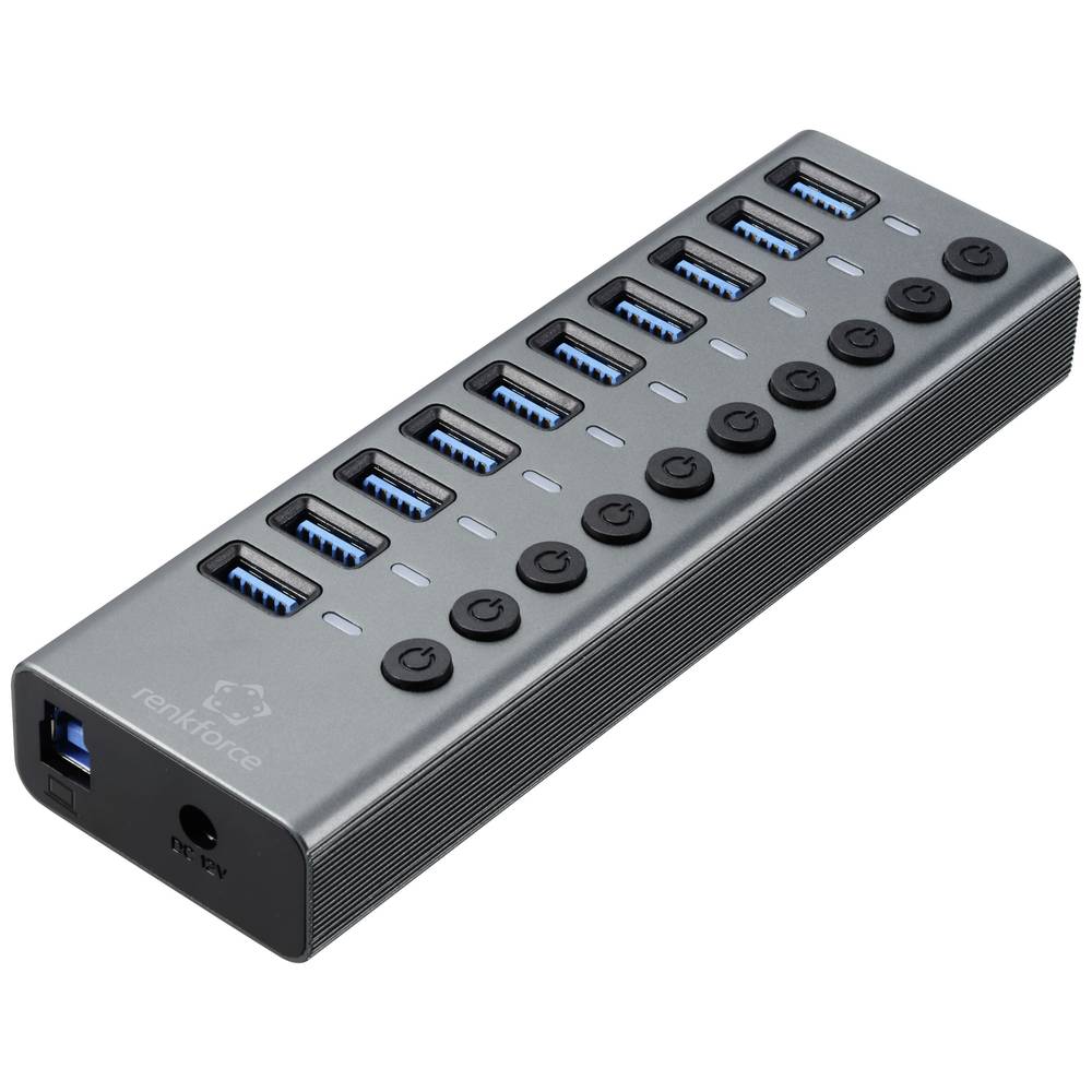 Renkforce RF-6027504 RF-6027504 USB-hub 10 poorten USB-A USB 3.1 Gen2 10 GBit/s Individueel schakelbaar, Met aluminium behuizing Zilver-zwart