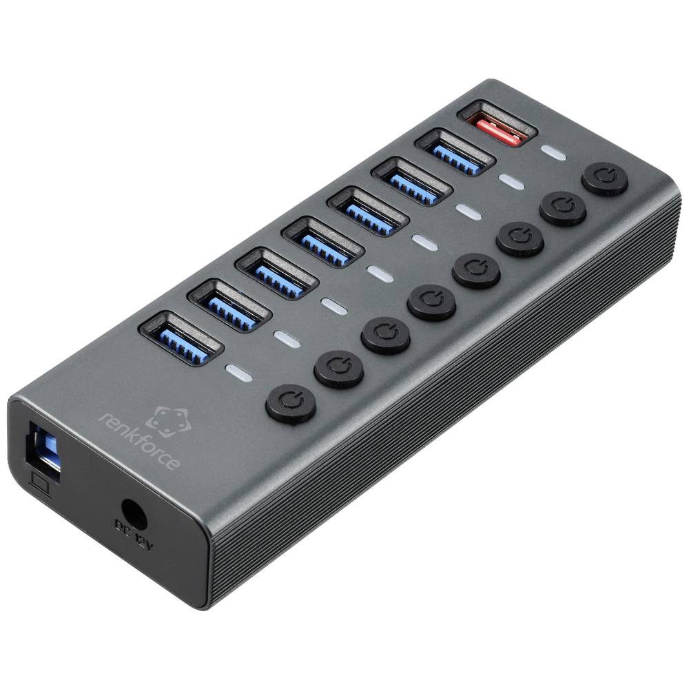 Renkforce RF-HUB-380 RF-6049086 USB-hub 8 poorten USB-A USB 3.2 Gen2 10 GBit/s Individueel schakelbaar, Met status-LEDs, Met aluminium behuizing Zilver-zwart