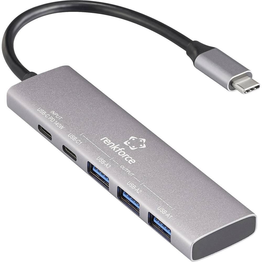 Renkforce RF-USBH-300 RF-6676604 USB-hub 3 + 1 poorten USB-A, USB-C USB 3.2 Gen1 5 GBit/s Met aluminium behuizing, USB-C PD laadaansluiting Grijs