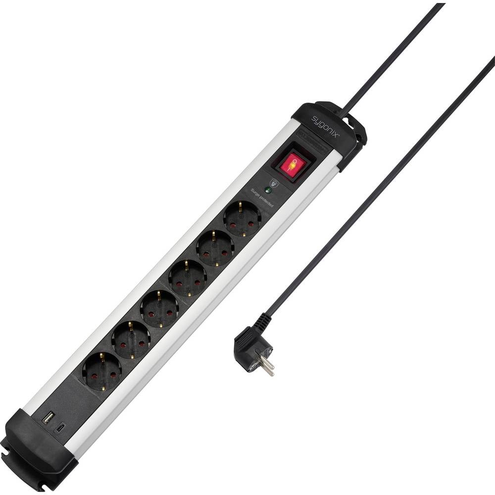Sygonix SY-6807132 Overspanningsveilige stekkerdoos 6-voudig Zwart, Zilver Randaarde stekker 1 stuk(s)